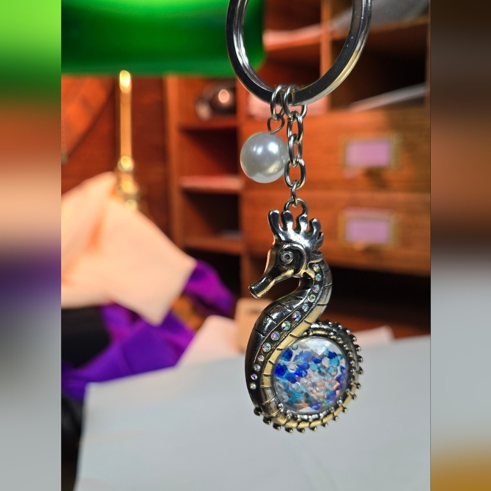 Silver Tone Vtg Seahorse Keychain/ Bag Charm  with Blue Crystal Accents - Picture 9 of 17